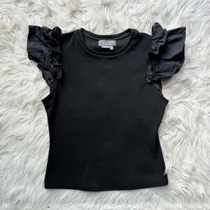 By Anthropologie Ribbed Tee Knit Shirt Top with ruffle flutter sleeves Black S